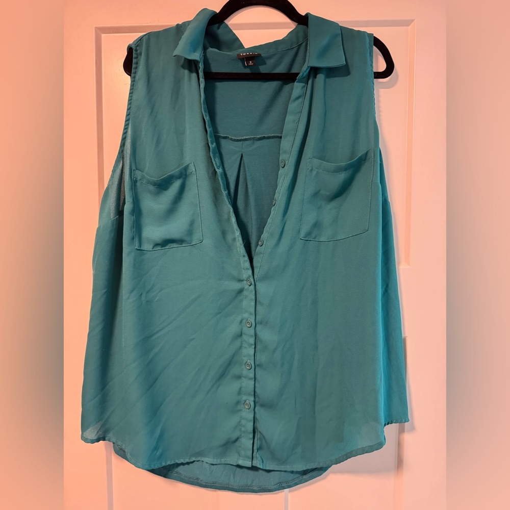 Teal Sleeveless Button-Up Blouse
